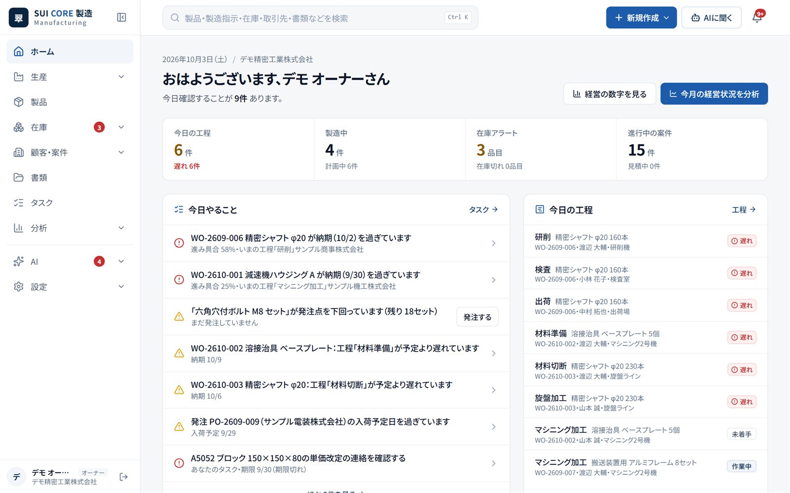SUI CORE 製造|ホームの画面